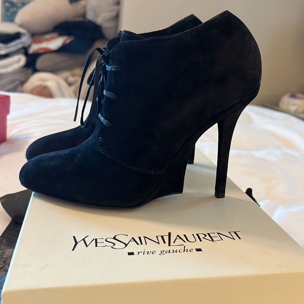 NEW SAINT LAURENT FATALE 105 black Leather Suede Lace Up Ankle Bootie EU 39.5 - Picture 3 of 11